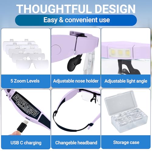 YOCTOSUN Magnifying Glasses with Light, 0.75X-4.0X Headband Magnifier - color: Purple