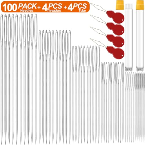 100 Pack Premium Large Eye Needles for Hand Sewing with Needle Threaders, Assorted Sizes, Embroidery Needles for Hand Sewing, Sewing Needles Large Eye, Big Eye Needle - color: 100 pack
