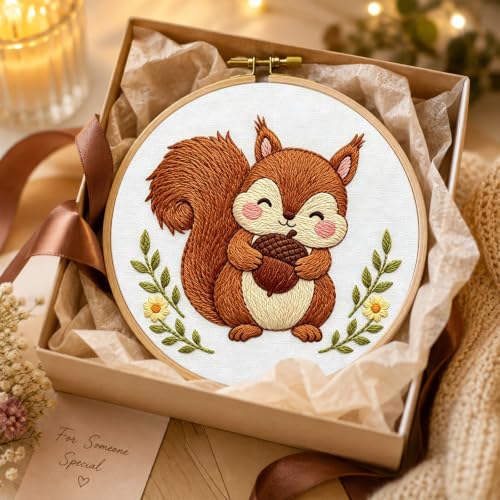Nuberlic Embroidery Kit for Beginners Stamped Squirrel Needlepoint - color: Squirrel