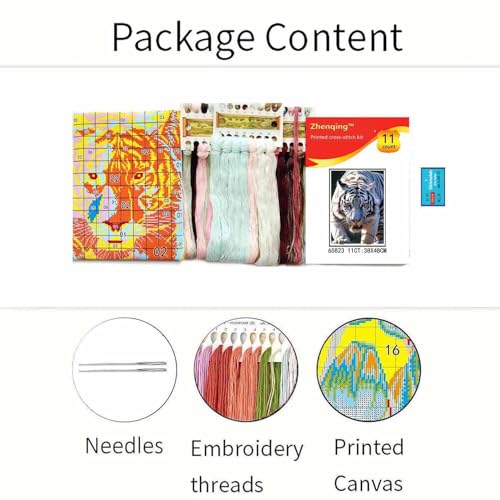 Zhenqing White Tiger Stamped Cross Stitch Kit for Beginners, 11CT Printed Full Coverage Tiger Portrait Pattern, 38 x 48 cm DIY Wildlife Animal Embroidery Needlework Set, No Hoop Needed - color: White Tiger Gaze