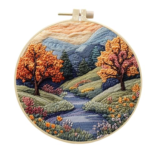 EUBUY Landscape Embroidery Kits for Beginners, Embroidery Kits for Beginners Adults, Beginners Embroidery Starter Kit with Pattern, Needle Thread DIY Embroidery Material Kit - color: Type 8