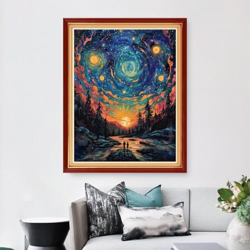 Dimensean Stamped Cross Stitch Kits Full Range of Embroidery Patterns Starter Kits for Beginners Adult DIY Cross Stitches Needlepoint Kits 11CT-Couples Under Van Gogh's Starry Sky 16x20 inch - color: Arts kits 07