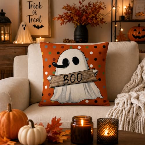 Ghost Holding Boo Sign Linen Throw Pillow Cover 18x18 for Couch - color: Pa10065, size: 18" x 18" (Pack of 1)