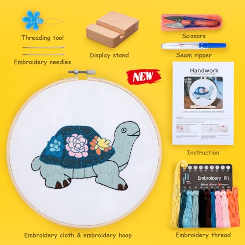 Embroidery Kit for Adult Beginners, Turtle & Flower Embroidery Kit with Step-by-Step Instructions and Video,Printed Cloth,7.87" Hoop, Display Stand,Color Threads and Tools for Craft Lover(BED004) - color: Blue turtle