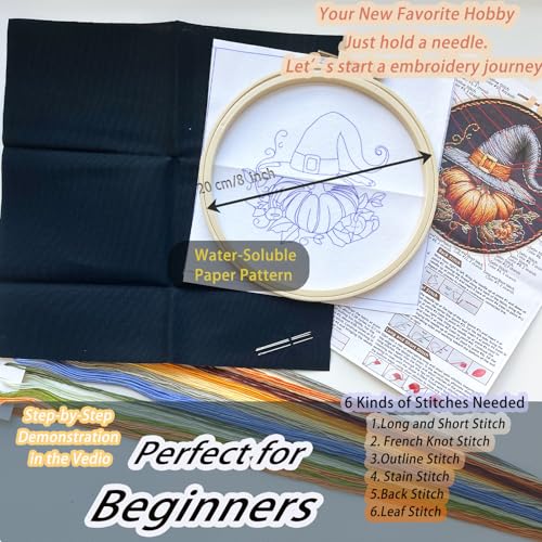 FONNUY Pumpkin Embroidery Kit for Beginners, Pre-Stamped Pattern Kits for Adults with Hoop, Easy to Follow Color Thread Needlework, 8'' Hoop (Witch Hat 1) - color: Witch Hat 1
