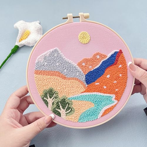 Allazone 3 Set Punch Needle Embroidery Kits, Punch Needle Kits for Adults Beginner, Punch Needle Tool with Punch Needle Cloth, Yarns and Sewing Needles (Sunset and Mountains) - color: sunset