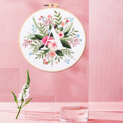 IUHUI Embroidery Kit for Beginners Adults - 26 Floral Letters Easy Patterns, DIY Hand Stitching Embroidery Set with Hoop (Flower and Grass Letter A) - color: Flower and Grass Letter A