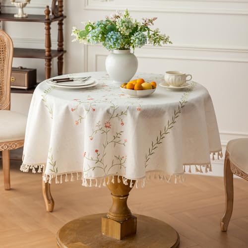 Joyfol Day Linen Waterproof Round Tablecloth with Tassels, Rustic Farmhouse Flowers Embroidery Table Cloths for Round Tables, Heavy Weight Spill-Proof Table Covers, Pink Florals, 55 inch - color: Pink Florals, size: 55" (Round)