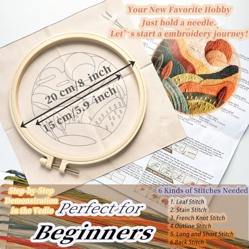 FONNUY Embroidery Kit for Beginners, Textured Vibrant Nature Landscape Pre-Stamped Pattern Kits for Adults with Hoop, Easy to Follow Color Thread Needlework, 8'' Hoop (Green 2) - color: Green 2