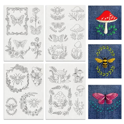 BENECREAT 4Sheets 20Pcs Wreath Bee and Mushroom Water Soluble Embroidery, 11.7x8.3inch Stick and Stitch Embroidery Paper Stabilizer Water Soluble Hand Sewing for Shirts, Coats, Bags - color: Wreath Bee and Mushroom