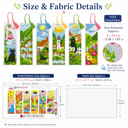 Zhenqing Black Cat Stamped Cross Stitch Bookmark Kit, 6 Designs - color: Cottagecore Black Cats in Countryside Gardens