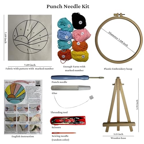 CELCRAFTIQUE Punch Needle Kits for Adults Beginner, Tool with Punch Needle Fabric, Hoops, Yarns and Sewing Needles (Morning Glow) - color: Morning Glow