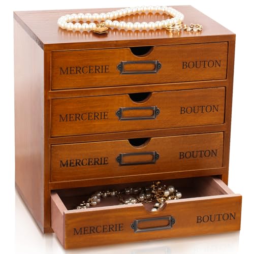 Wesiti Wooden Desk Organizer, 4 Drawers, Vintage Makeup Cabinet, Brown - color: Brown, size: 4 Drawers