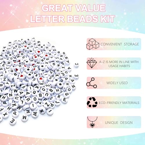 Amaney 1500 Pieces 4x7mm White Round Acrylic Alphabet Letter Beads A-Z Number Beads Star Beads Heart Beads and Crystal Line for Jewelry Making - color: White&Number, size: 7x4mm
