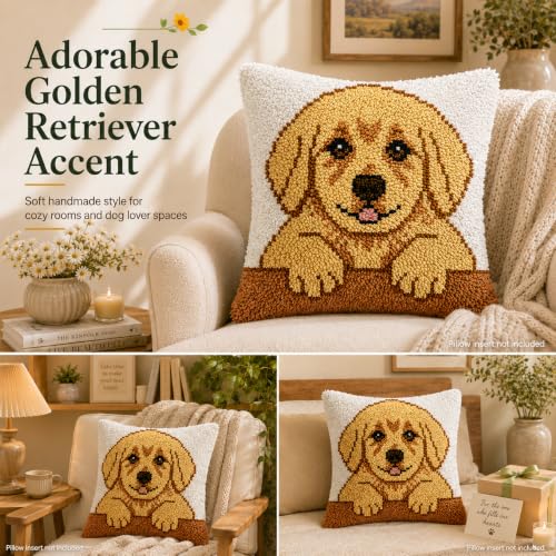 Golden Retriever Puppy Latch Hook Kits for Adults Kids, Beginners DIY Throw Pillow Kit Pre-Printed Pillowcase Hook and Latch Rug Kits Cross-stitch Cushion Cover for Home Sofa Decoration 17x17 in. - color: Golden Retriever