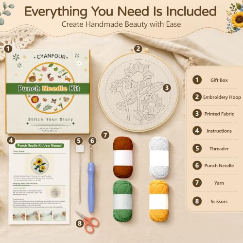 CYANFOUR Punch Needle Kit for Beginners, Sunflower Punch Needle Kits Adults, Craft Kits for Adults with 2 Pre-Printed Fabrics, Embroidery Hoop, Threads, DIY Gift and Home Decor 20 * 20cm - color: Sunflower
