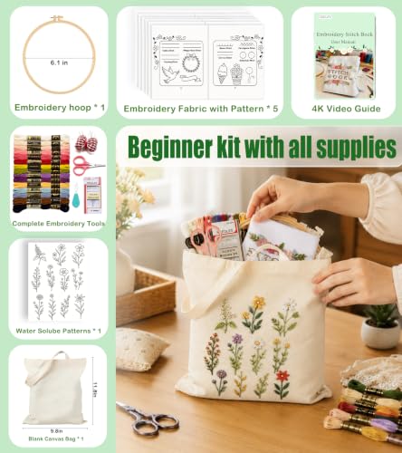 Beginner Embroidery Stitch Book Kit with Portable Canvas Bag for Adults