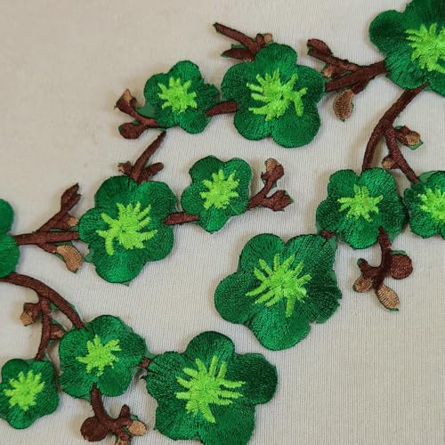 1pair Quince Sakura Flower Embroidery Iron On Applique Patches (Green) - color: Green