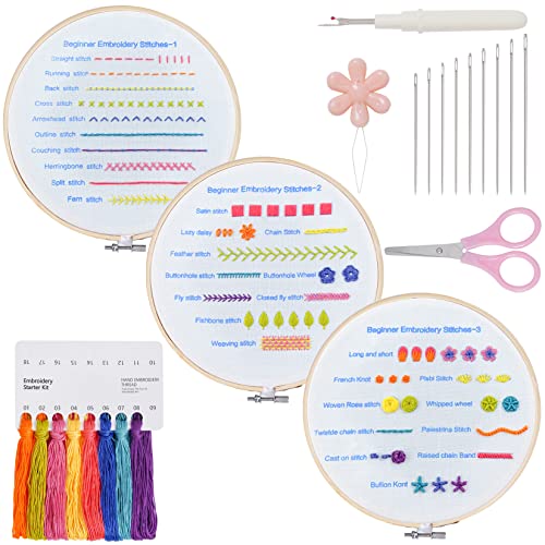 Lystaii Beginners Embroidery Stitch Practice kit, 3 Sets Embroidery Kit for Beginners to Learn 30 Different Stitches for Craft Lover Easy to Follow with Instructions Embroidery Skill Techniques