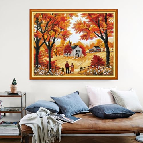 Dimensean Stamped Cross Stitch Kits Full Range of Embroidery Patterns Starter Kits for Beginners Adult DIY Cross Stitches Needlepoint Kits 11CT-Golden Autumn Couple 16x20 inch - color: Arts kits 14