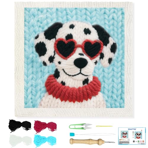BEUNITONE Dog Punch Needle Kit for Beginners, Animals Starter Embroidery Kits with Frame & Instructions, Needle Felting Kit Poke Art for Adults DIY Handmade Craft for Coasters, Bags, Clothes Decor - color: 06-Spotted Dog