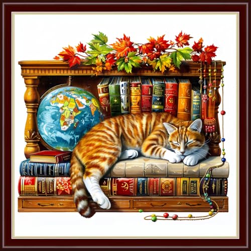 Findvoor Counted Cross Stitch Kits for Adults Full Range of Cross Stitching Embroidery Unprinted Pattern for Beginners, 11CT Needlepoint Cross-Stitch Patterns Embroidery Kits- Bookshelf cat18×18 inch - color: ColourSet05
