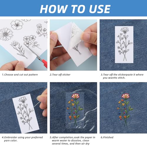 4 Sheets Water Soluble Embroidery Stabilizer,54 Pcs Stick and Stitch Embroidery Patterns,Wash Away Paper with Pre-Printed Floral Designs,Self Adhesive Transfer Paper for Hat Cap Hand Sewing Beginners - size: Pattern: Flower (Style 1)