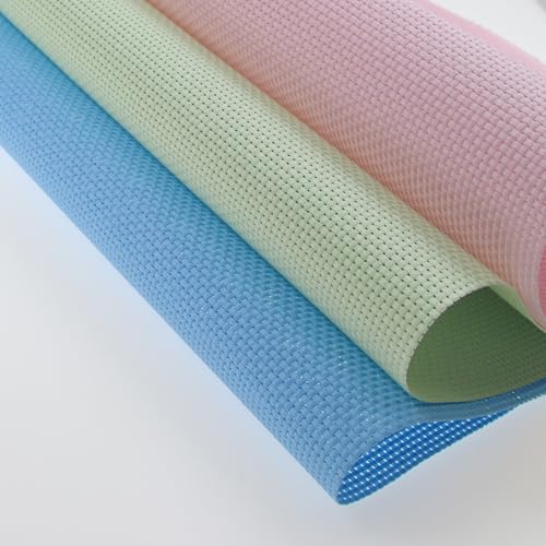 KCS 3 pc of 15" x 18"(38cmx45cm) Counted Cross Stitch Cotton Aida Cloth Needlework Rolled Fabric Box,11CT,Light Blue+Pink+Light Green - color: Light Blue+pink+light Green, size: 11CT