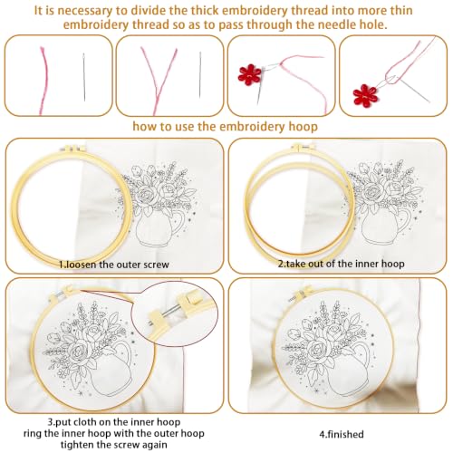 BEUNITONE 4 Set Embroidery Kits for Beginners, Flower Arrangement Design with Pre-Stamped Pattern Craft Kits Include Instruction and Hoops, 7.9x7.9 Needlepoint Kits for Festival Gifts and Home Decor - style: B-Flower Arrangement