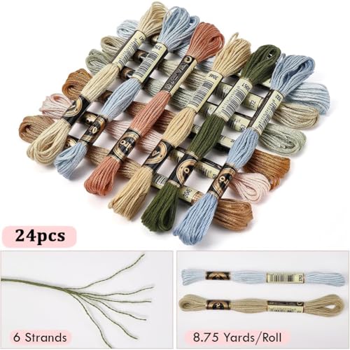 24 Skeins 210 Yards Variegated Cross Stitch Floss Polyester Embroidery Thread Friendship Bracelet String 6 Strand Yarn Threads Bulk for Jewelry Making Bracelet Knitting Stitching DIY Crafts - color: Dark Color