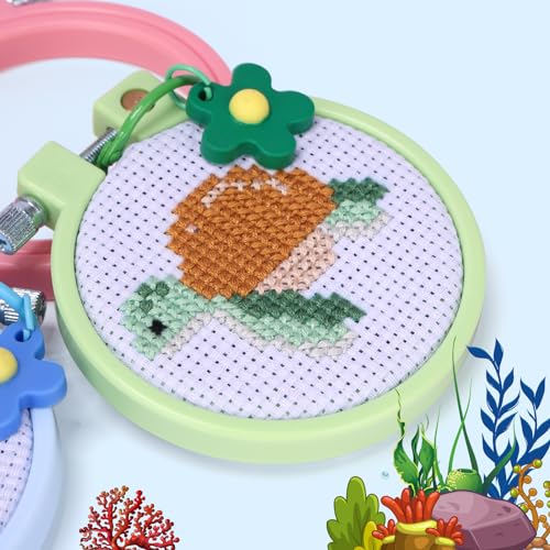Caydo 6 Pieces Sea Animal Cross Stitch Kit for Kids with Stamped Aida Cloth - color: Sea Animal