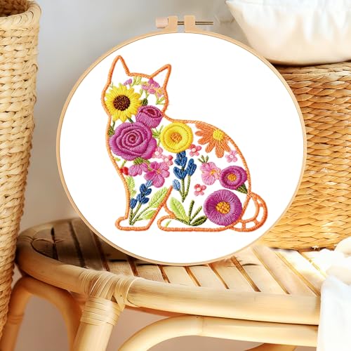 INFUNLY 6 Pack Animal Flowers Embroidery Starter Kit for Beginners Butterfly Cat DIY Embroidery Kits for Adults Rooster Squirrel Stamped Needlepoint Set with Step-by-Step Instruction Craft Lover Gift - style: Animal Flowers