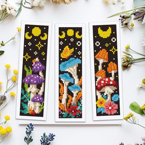 ACRNIGHEET 6PCS Cross Stitch Bookmark Kits Mushroom Pattern Stamped Cross Stitch Kits for Beginners Adults DIY Stamped Embroidery Bookmarks with Instructions Hand Embroidery Craft Gift - style: Mushroom patterns