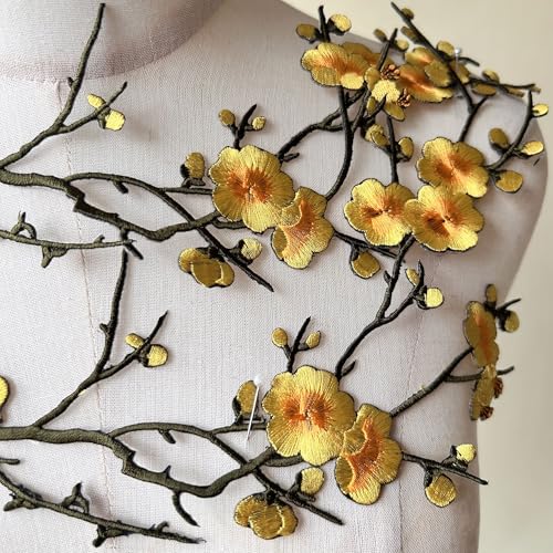 2pcs Iron on Plum Flower Applique Yellow Color Embroidery Vine of Floral for Clothing,Costumes - color: Yellow