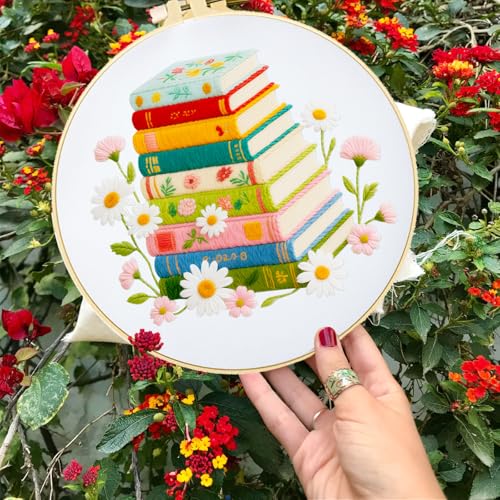 INFUNLY 6 PCS Book and Flower Embroidery Kits for Beginners DIY Cross Stitch Starter Sets for Adults with Instructions Book Cacti Pattern Birds Needlepoint Kits with Embroidery Cloth Hoops Tools