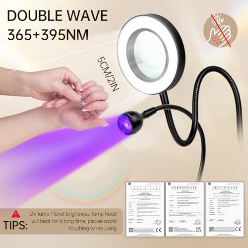 AORAEM LED UV Nail Lamp with Double-Head and 6X Magnifier, Black - color: Magnifier-Black