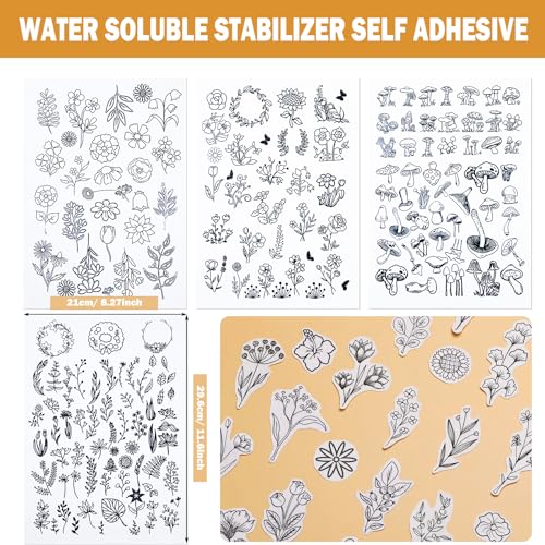 179PCS Water Soluble Stabilizer for Embroidery, 4 Sheets Flower Mushroom Theme Stick and Stitch Embroidery Self Adhesive Paper for Embroidery Hand Sewing Lover, Use on Bags Hats,Cloth - color: Style a