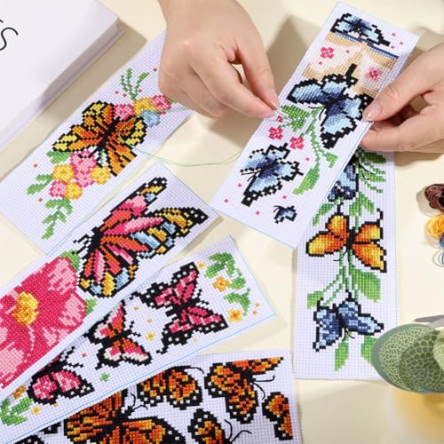 ORIGACH 6 Set Butterfly & Flower Cross Stitch Bookmark Kit for Beginner - style: Butterflies