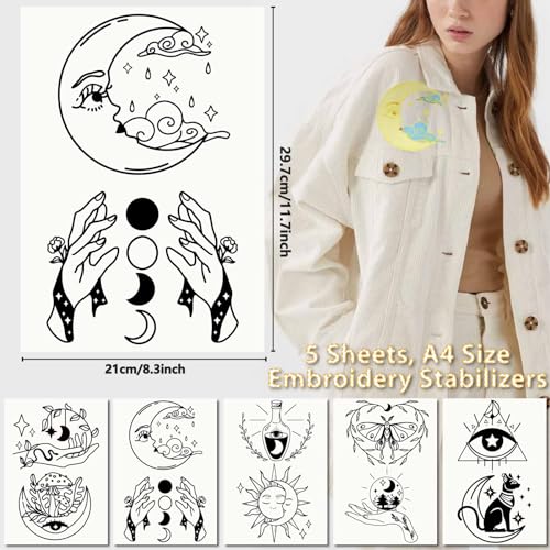 CRASPIRE 5 Sheets Tarot Card Water Soluble Embroidery Stabilizers Hand Sewing Stick and Stitch Moon Magic Transfers Paper Wash Away Pre-Printed Self Adhesive Patterns for Cloth Sewing Lovers Beginner - style: Tarot Cards-03