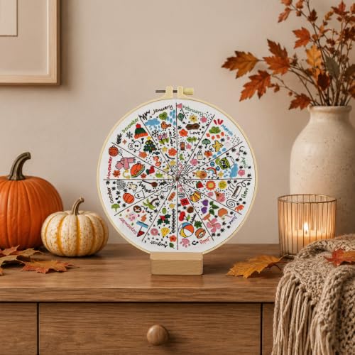 A Year of Doodles Embroidery Kit for Beginners Adults, 12-Month Seasonal Icon Wheel Easy Cross Stitch Kit Easy All-Year Round Embroidery Starter Kits with Wooden Hoop Needles Threads and Instruction - color: 12-Month Seasonal Icon