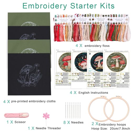 Harimau Adult Beginner Embroidery Starter Kit, Complete Set with 4 Patterns, 2 Hoops, Needles, Scissors, Instruction Guide & Stitching Video Tutorials - color: Mushroom1 pattern