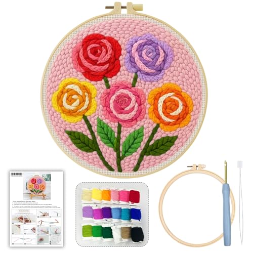 ZuoAnLF Punch Needle Kit for Beginner, Rug Yarn Hooking Beginner Kit with Instruction, Punch Needle Fabric with Pattern, Yarns, Embroidery Hoops for Punch Needle 20CM/9.8INCH (Flower) - color: flower