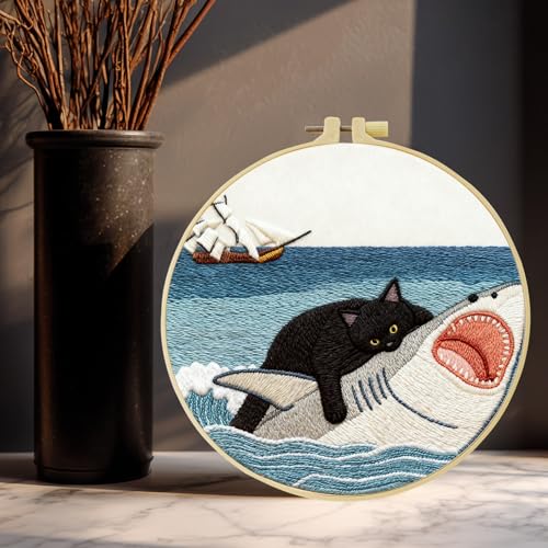 Black Cat Riding a Shark and a Sailboat Stamped Pattern Embroidery Kit for Beginners Adults Includes Cloth,Hoop,Color Threads,Needles and Instruction,Lover Hand Stitch with Embroidery Skill Techniques