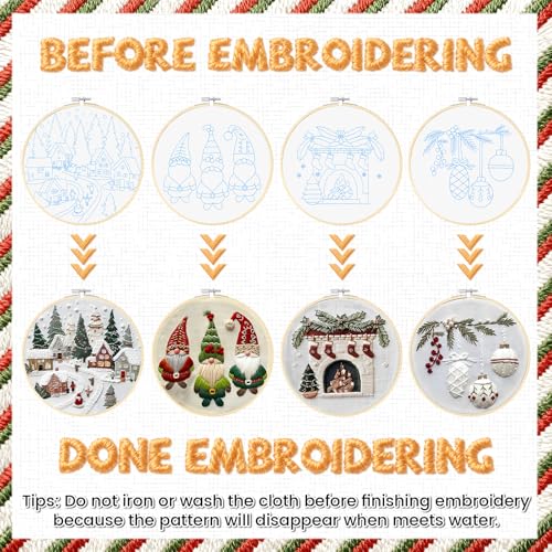 Christmas Embroidery Kit for Adults and Beginners, Christmas Gnomes Embroidery Kits Cross Stitch Kits with Pattern, Cotton, Threads, Needles & Instruction (4Pcs B) - color: 4 Pcs, Stocking+Fireplace+Truck+Candy Cane