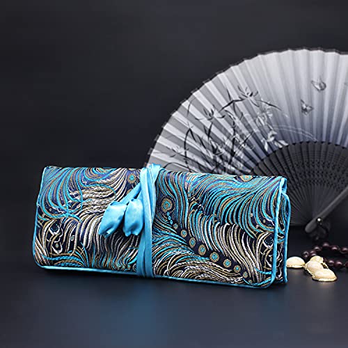 SmilerSmile Jewelry Travel Bag Embroidery Travel Jewelry Organizer with Tie Close Embroidered Flower Jewelry Roll for Women Girls (Feathers) - color: Feathers