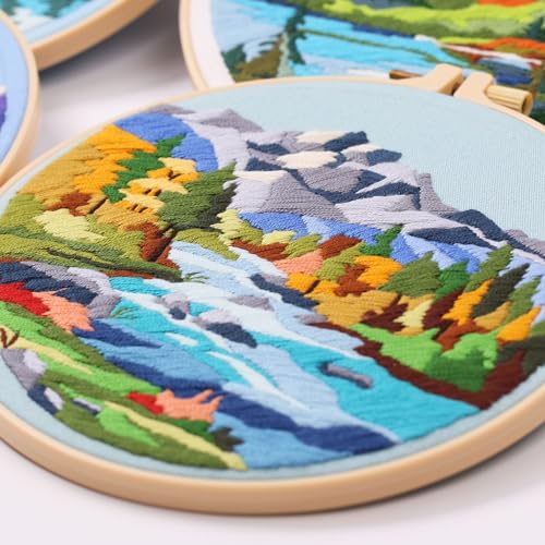 Harimau Adult Beginner Embroidery Starter Kit Natural Landscape Patterns, Complete Set with 4 Patterns, 2 Hoops, Needles, Scissors, Instruction Guide & Stitching Video Tutorials - color: Blue Mountain