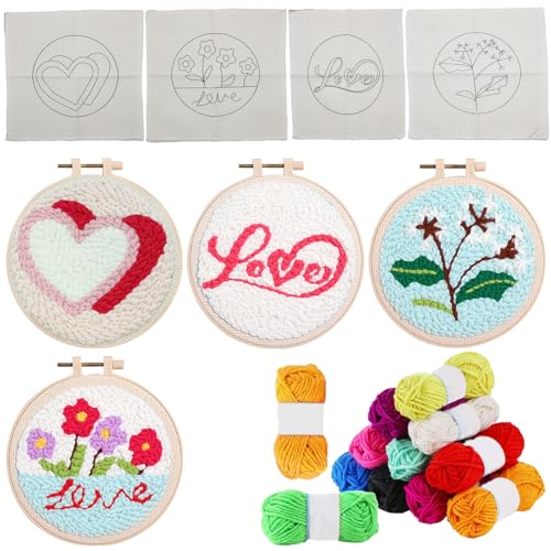 Allazone 4 PCS Punch Needle Kit, Embroidery Kit for Beginners Adults, Punch Needle Embroidery Kit, Handcraft Punch Needle Kits, Love and Flowers - color: love