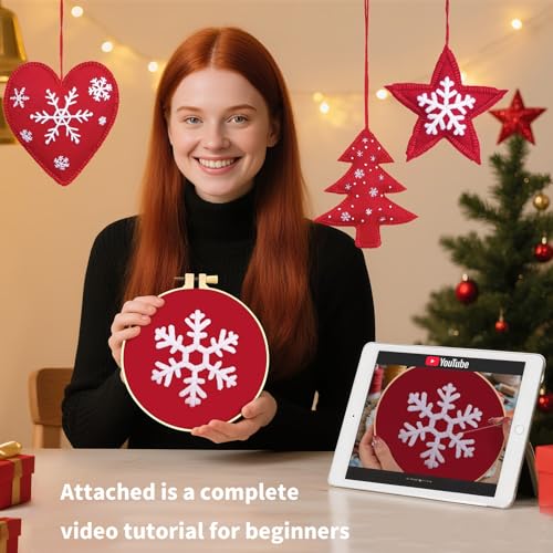 【Full-length Video Tutorial】2026 New Embroidery Christmas Ornament Kits for Beginners Adults, DIY Heart Shaped Hand Embroidered Christmas Ornament/Ornament Kit, Cross Stitch Christmas Ornaments Kits