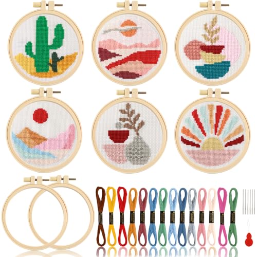 ZOIIWA 6PCS Cross Kits for Beginners DIY Embroidery Kit for Adults Boho Cross Kits Christmas Birthday Gift Abstract Landscape Needlepoint Patterns with 2 Embroidery Hoops Craft Supplies