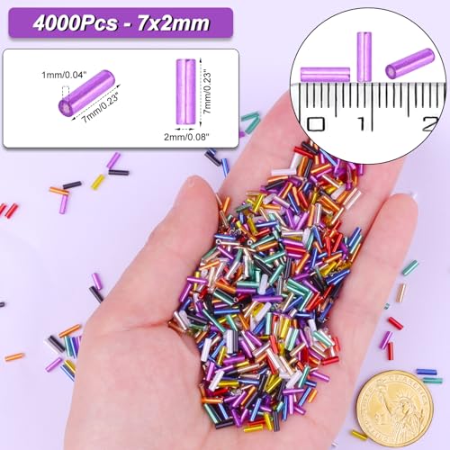 4000 Pcs Multicolor Glass Bugle Beads, 2 x 7 mm Embroidery Beads, Small Long Tube Seed Beads for Embroidery Craft Jewelry Making - color: Multicolor